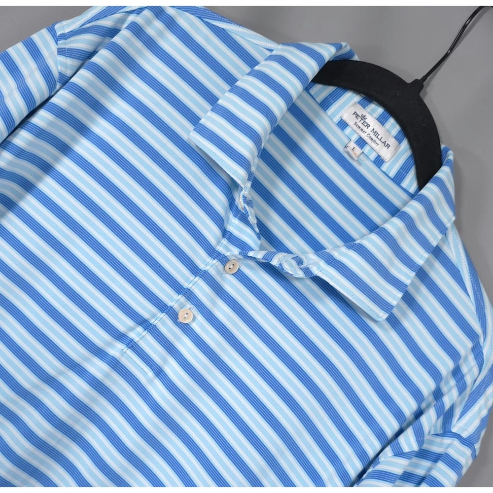 PETER MILLAR Men's Polo Shirt Blue LARGE Striped Summer Comfort Golf